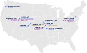 US map with Clearfield (UT), Denver (CO), Seneca (KS), Pawnee City (NE), Bern (KS), Lawrence (KS), and Baxter Springs (KS) Alphia locations